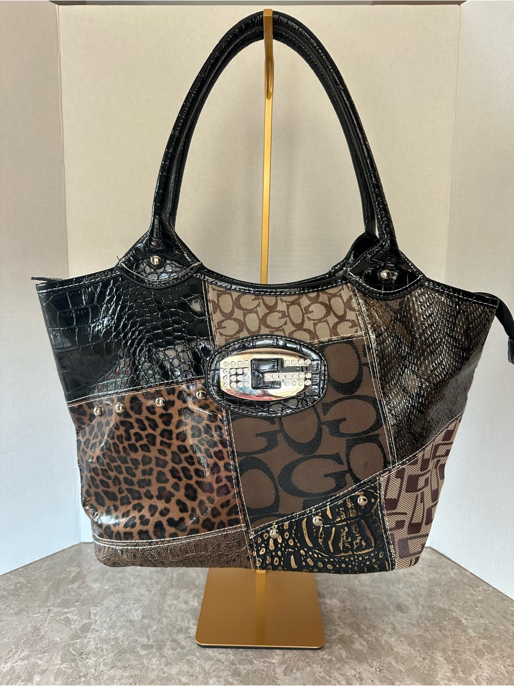 Veneto New York Patchwork Animal Print Shoulder Bag Brown Leopard Croc Y2K Purse